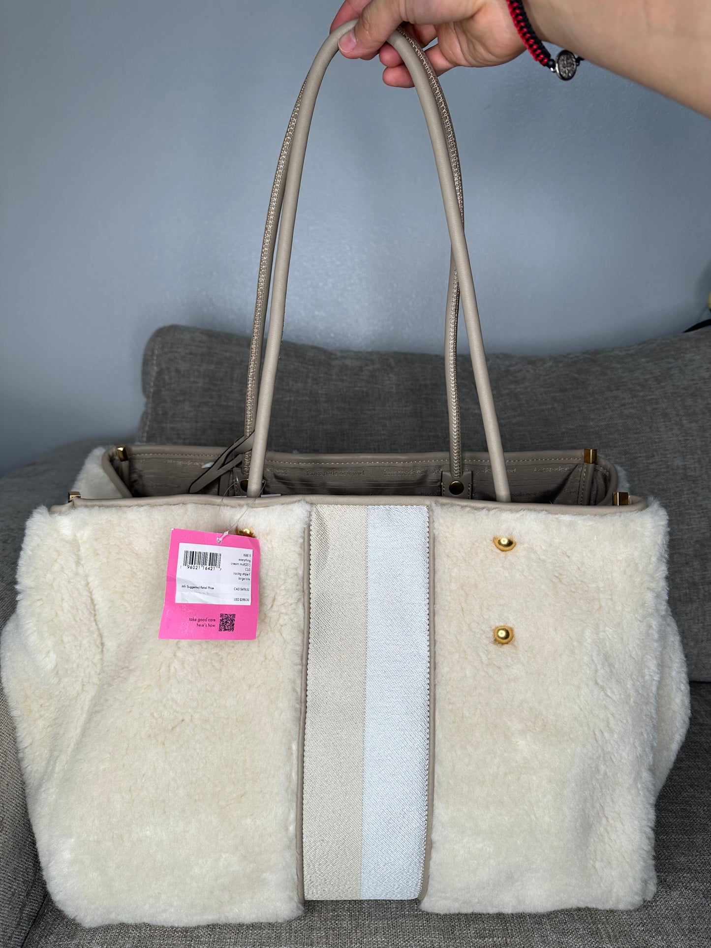 Designer Everything Racing Stripe Faux Shearling Large Tote - Cream Multi