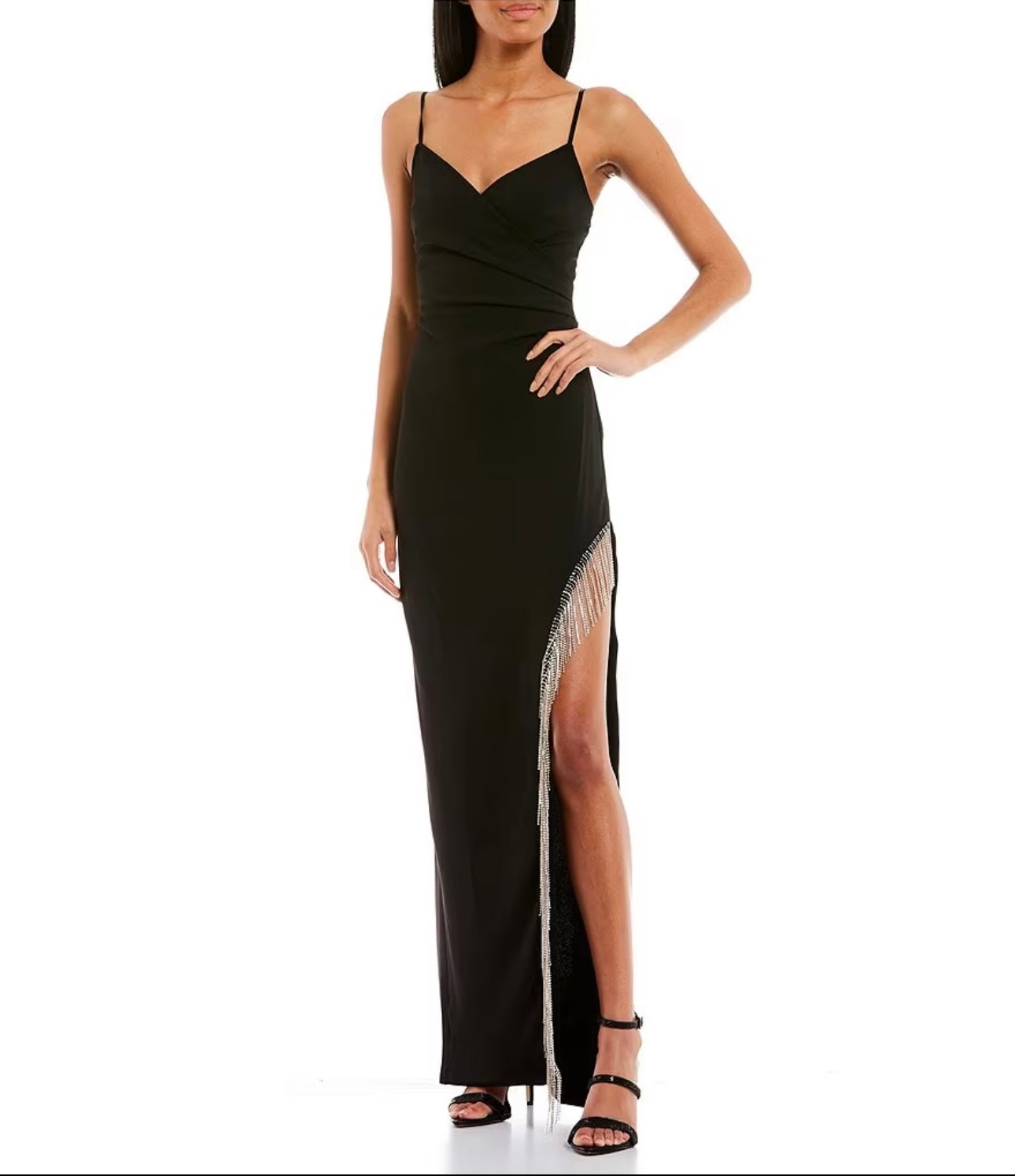 V-Neck Asymmetrical Fringe Trim Long Dress Villafran Boutique V-Neck Asymmetrical Fringe Trim Long Dress Villafran Boutique