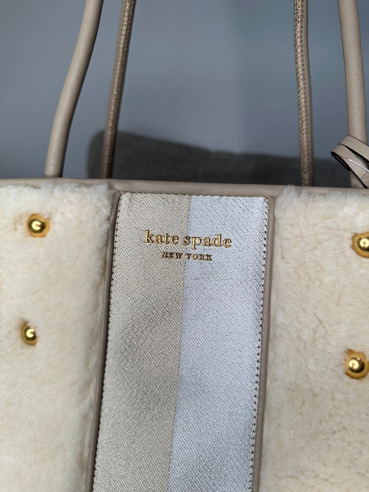 Designer Everything Racing Stripe Faux Shearling Large Tote - Cream Multi