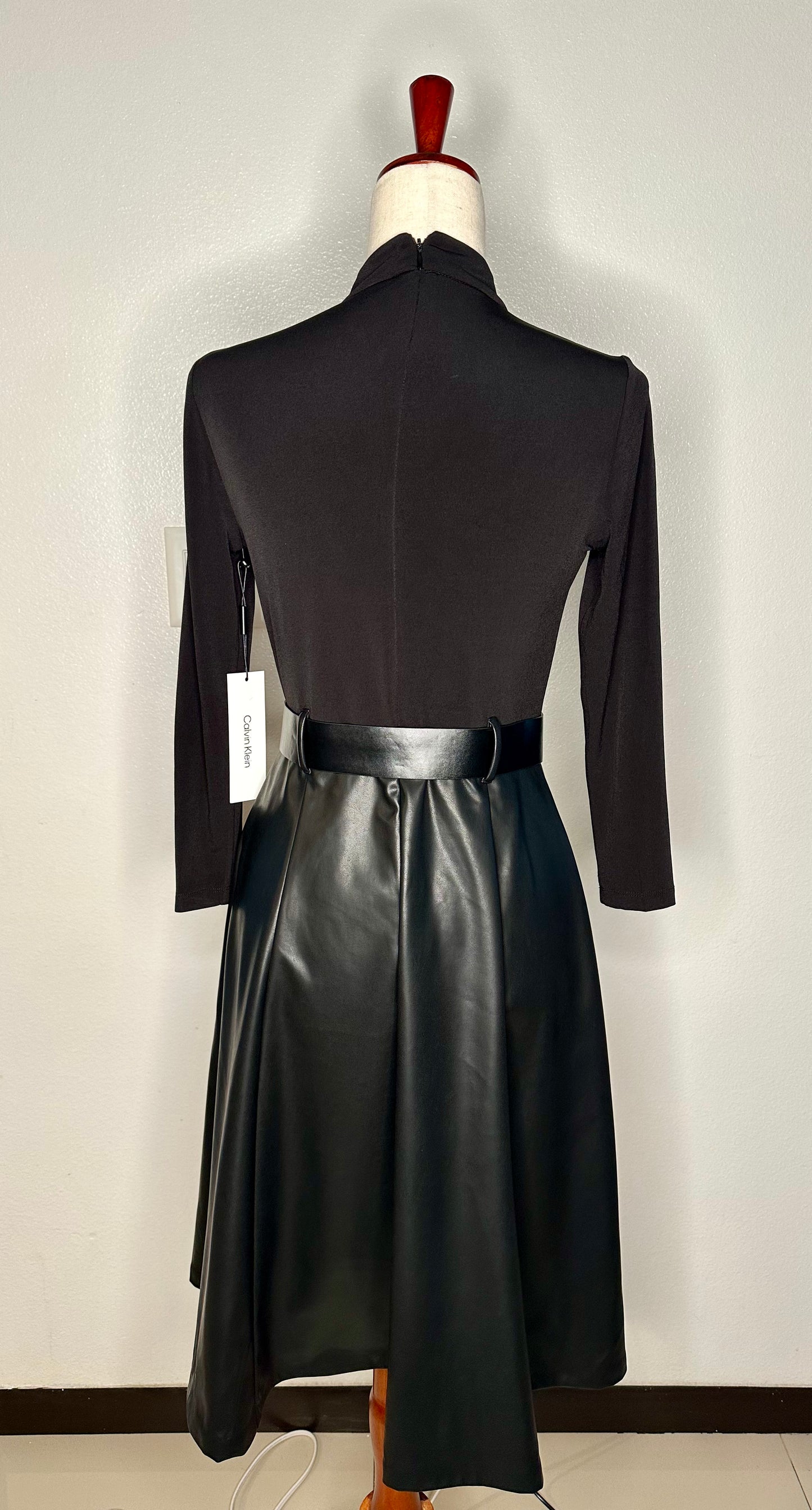 Womens Calvin Klein Faux Leather Mock-Neck Fit & Flare Dress