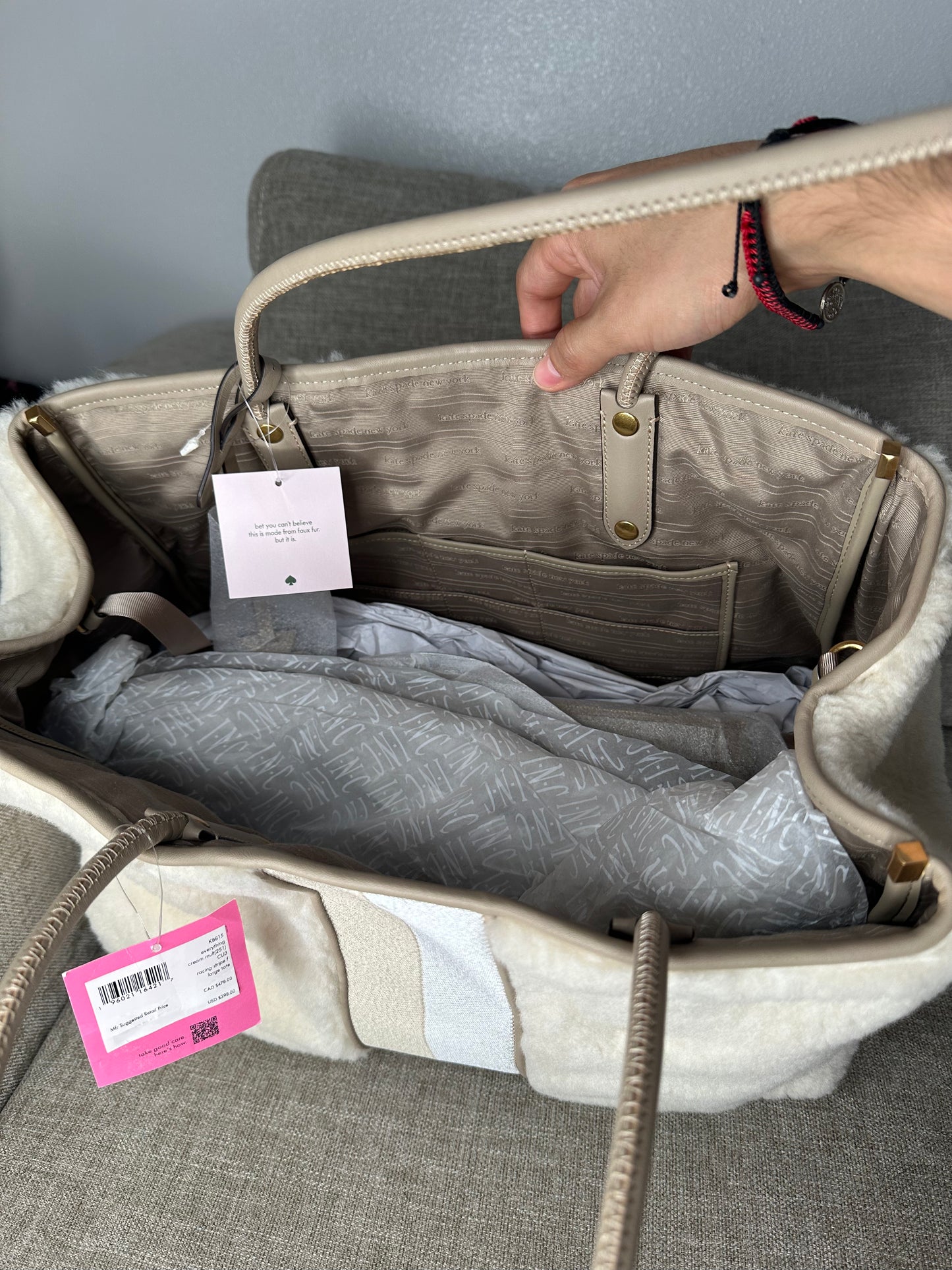 Designer Everything Racing Stripe Faux Shearling Large Tote - Cream Multi