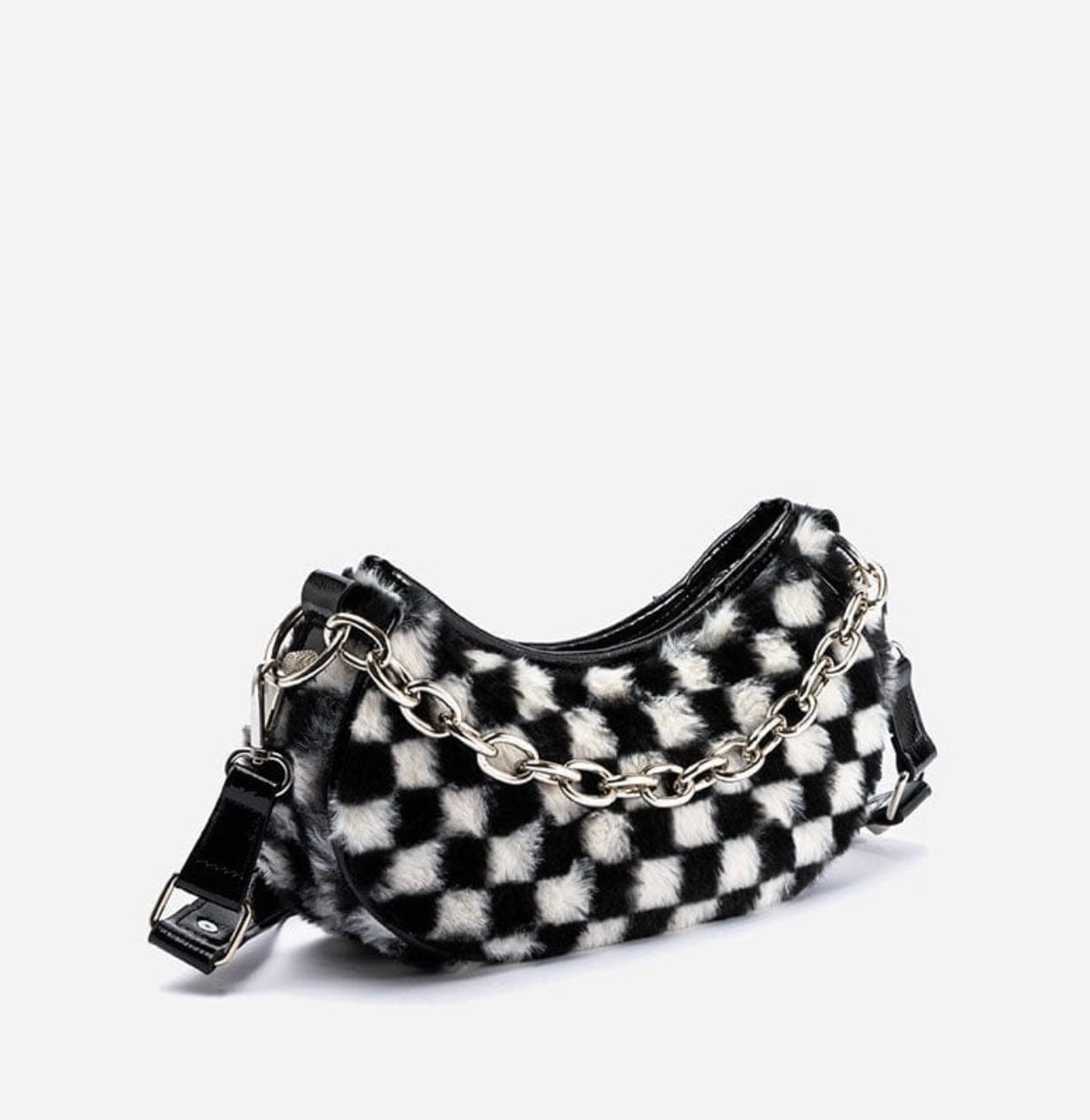 Designer DEVYN CHECKERBOARD FLUFF SHOULDER BAG