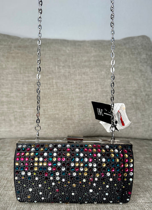 Designer Black crossbody bag with color crystals