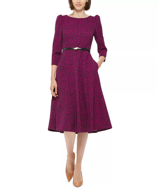 Designer 3/4-Sleeve Belted Midi Dress