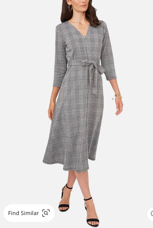 Womens Plaid Print V-Neck Midi Dress