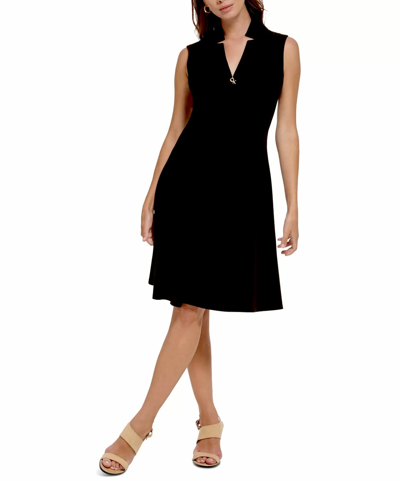 Women's Sleeveless Scuba Crepe A-Line Logo Zip Dress