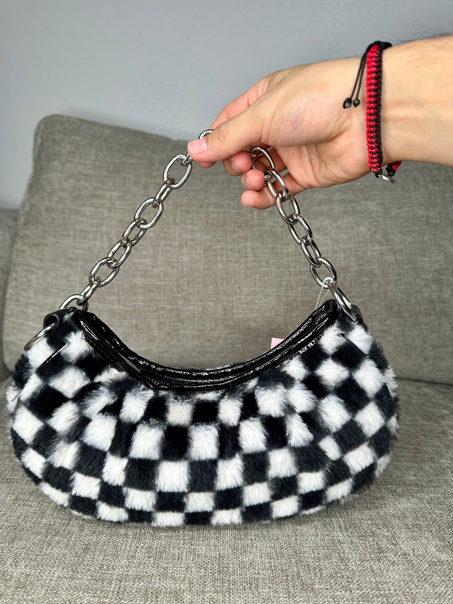 Designer DEVYN CHECKERBOARD FLUFF SHOULDER BAG