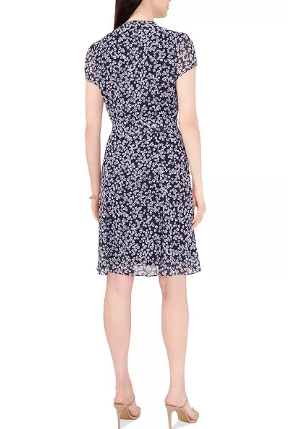 Printed Split-Neck Pintuck Short-Sleeve Dress