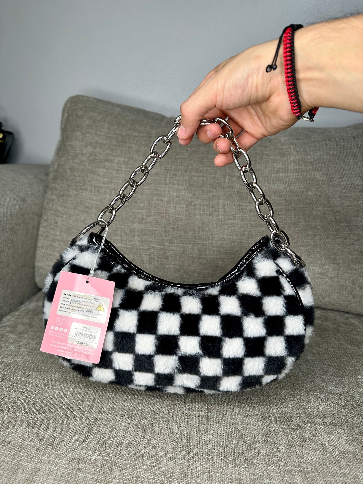 Designer DEVYN CHECKERBOARD FLUFF SHOULDER BAG