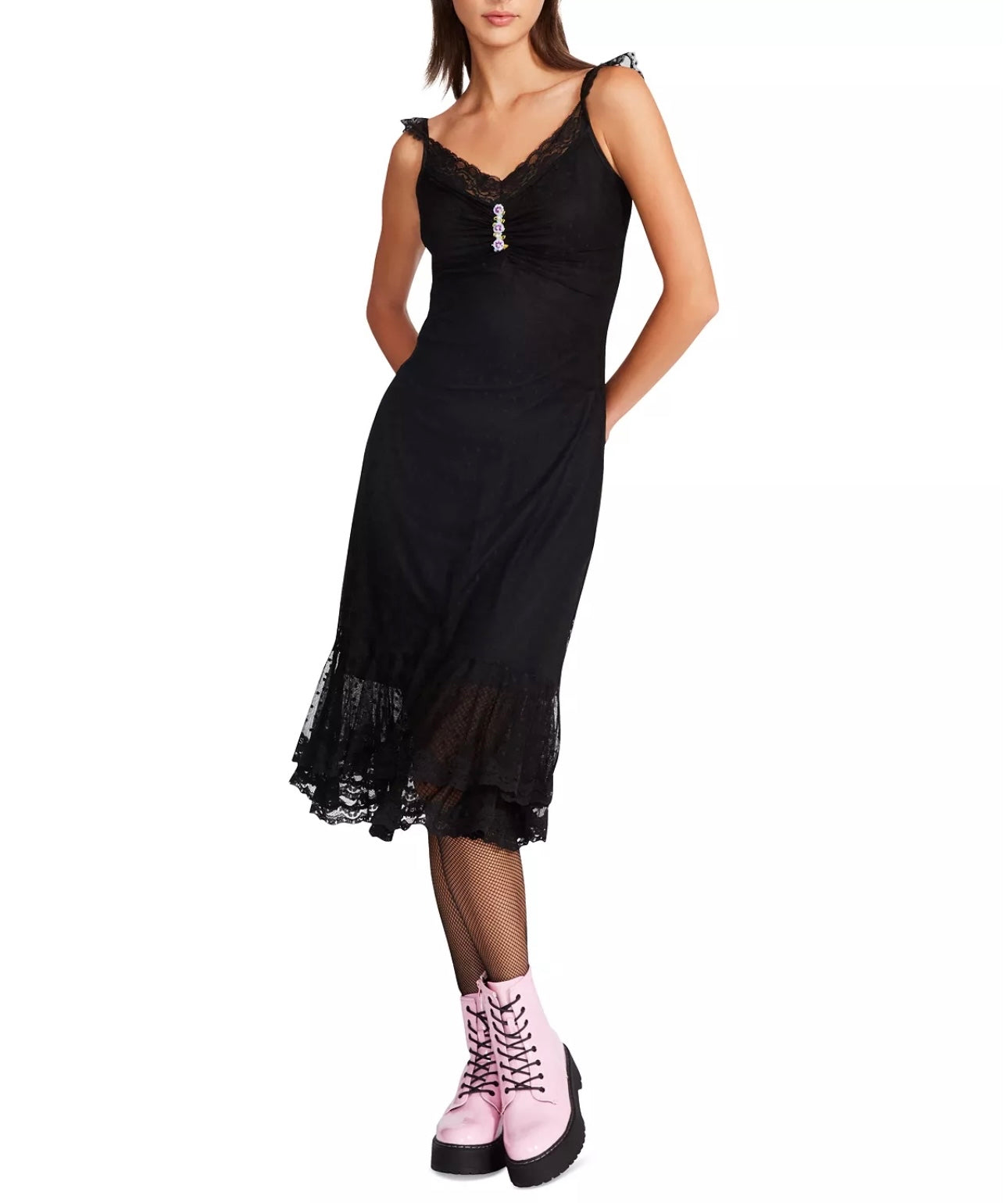 Women's Lace-Trimmed Dotted Mesh Slip Dress