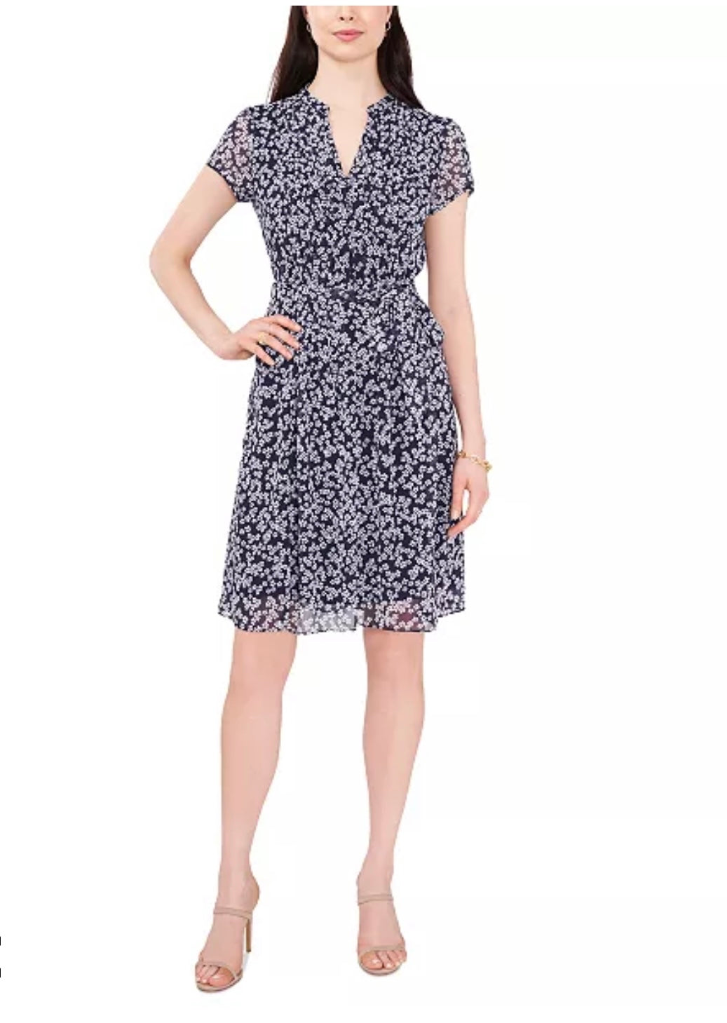 Printed Split-Neck Pintuck Short-Sleeve Dress