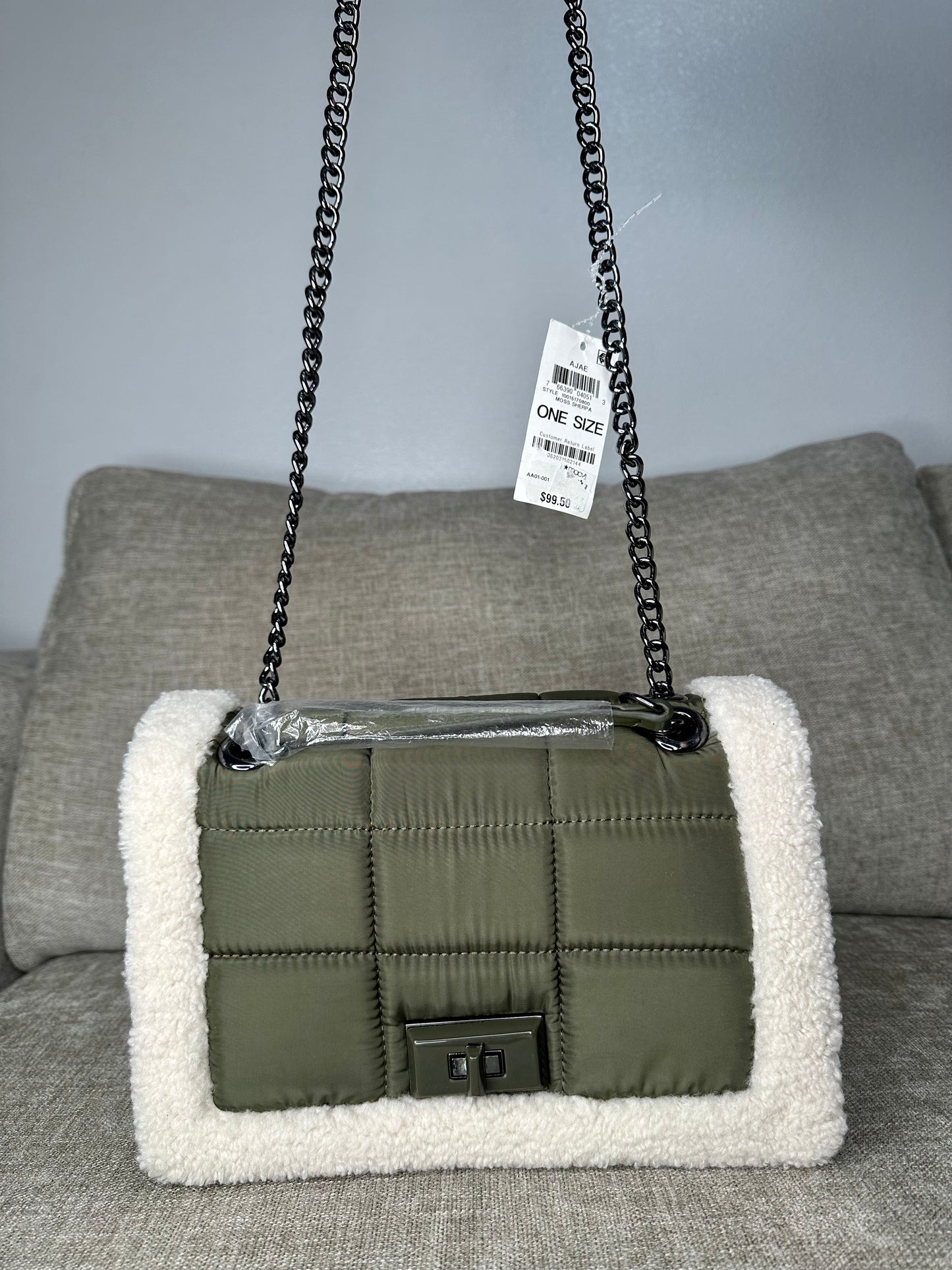 Designer Ajae Quilted Nylon and Sherpa Women's Crossbody Shoulder Bag MOSS GREEN