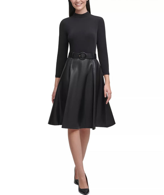 Womens Calvin Klein Faux Leather Mock-Neck Fit & Flare Dress