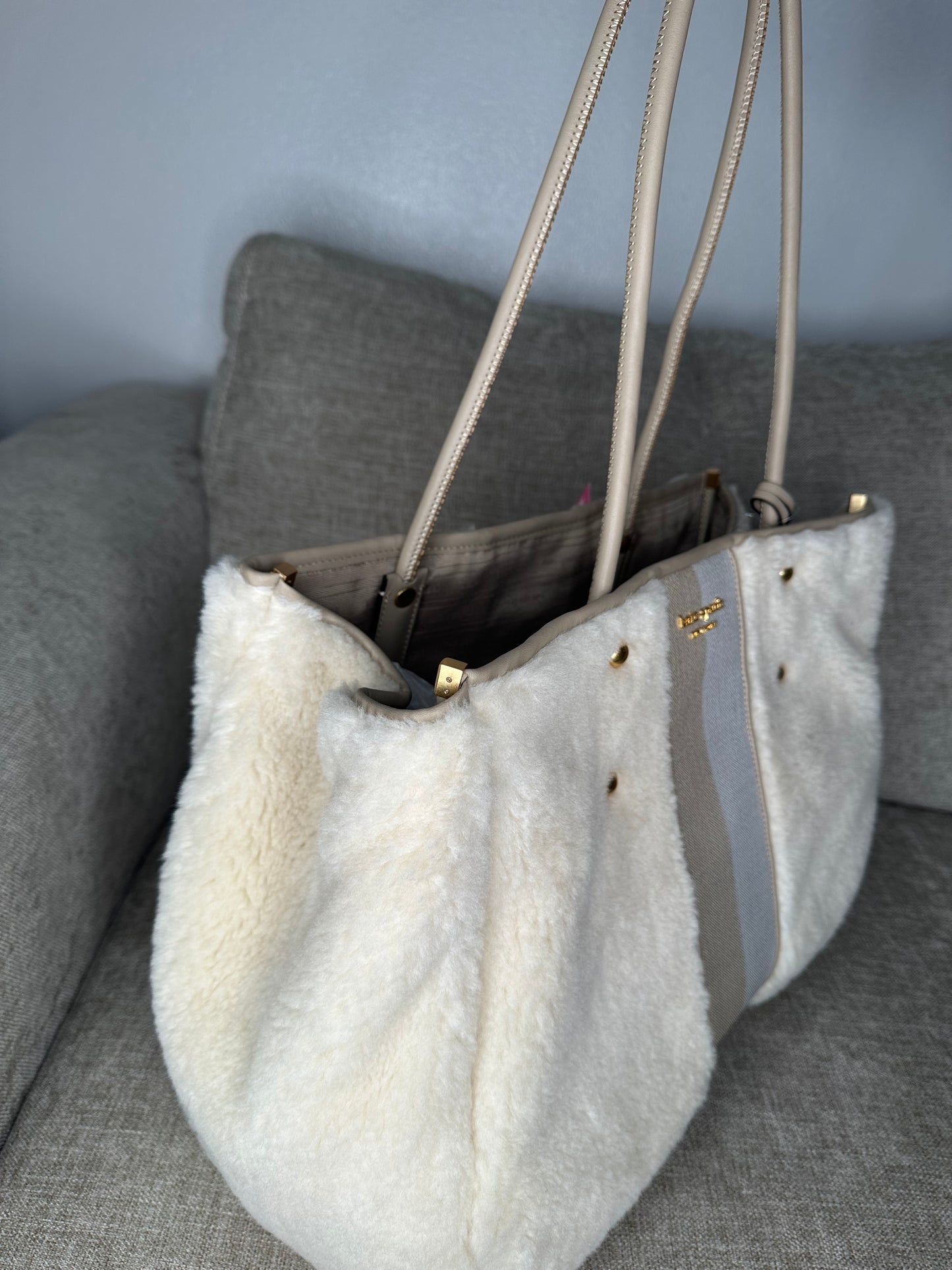 Designer  Everything Racing Stripe Faux Shearling Large Tote - Cream Multi