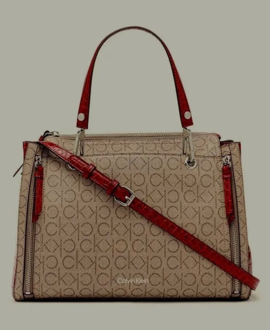 Designer Garnet top Zip Triple Compartment Satchel Tan Red Silver