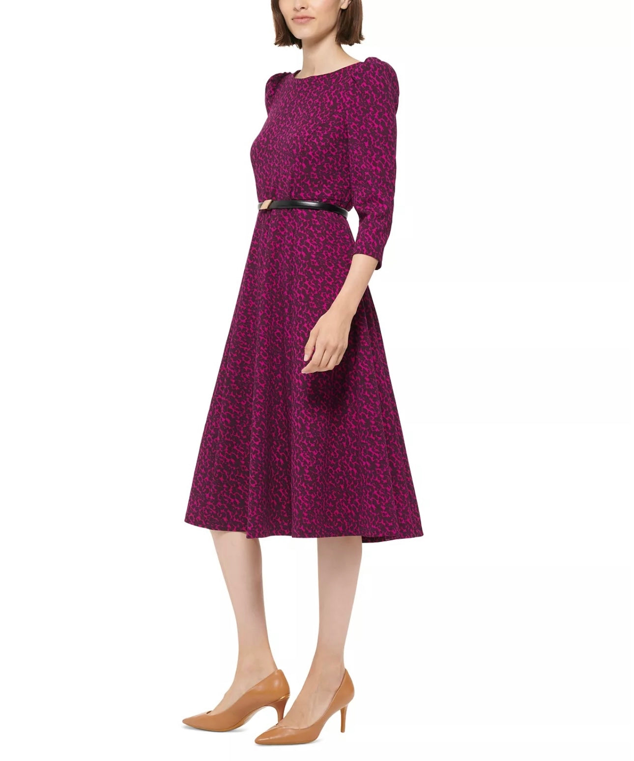 Designer 3/4-Sleeve Belted Midi Dress