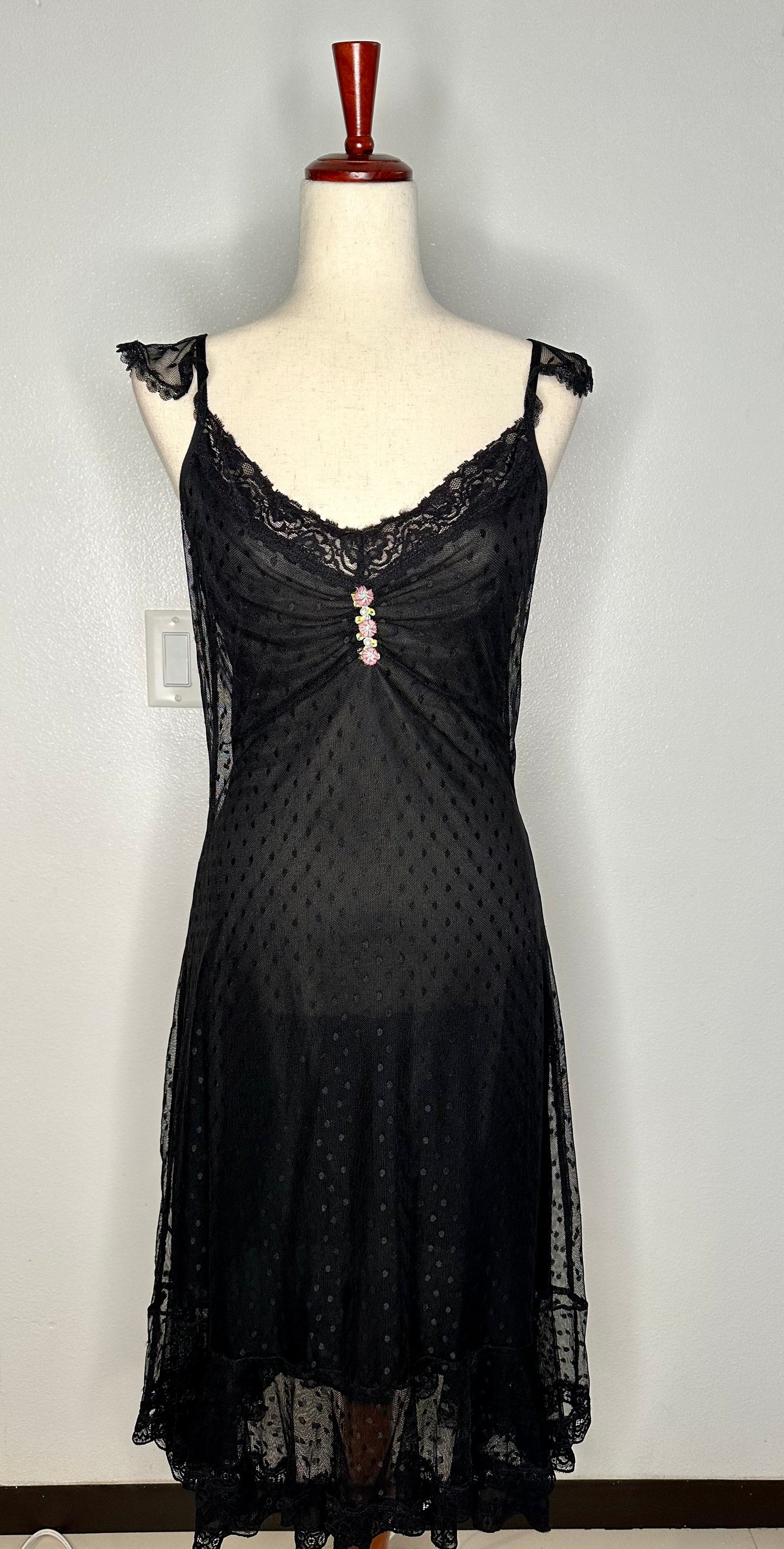 Women's Lace-Trimmed Dotted Mesh Slip Dress