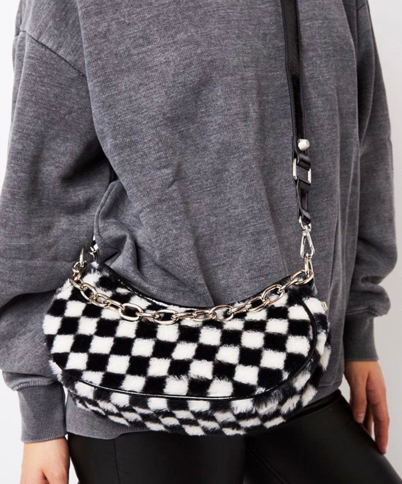 Designer DEVYN CHECKERBOARD FLUFF SHOULDER BAG