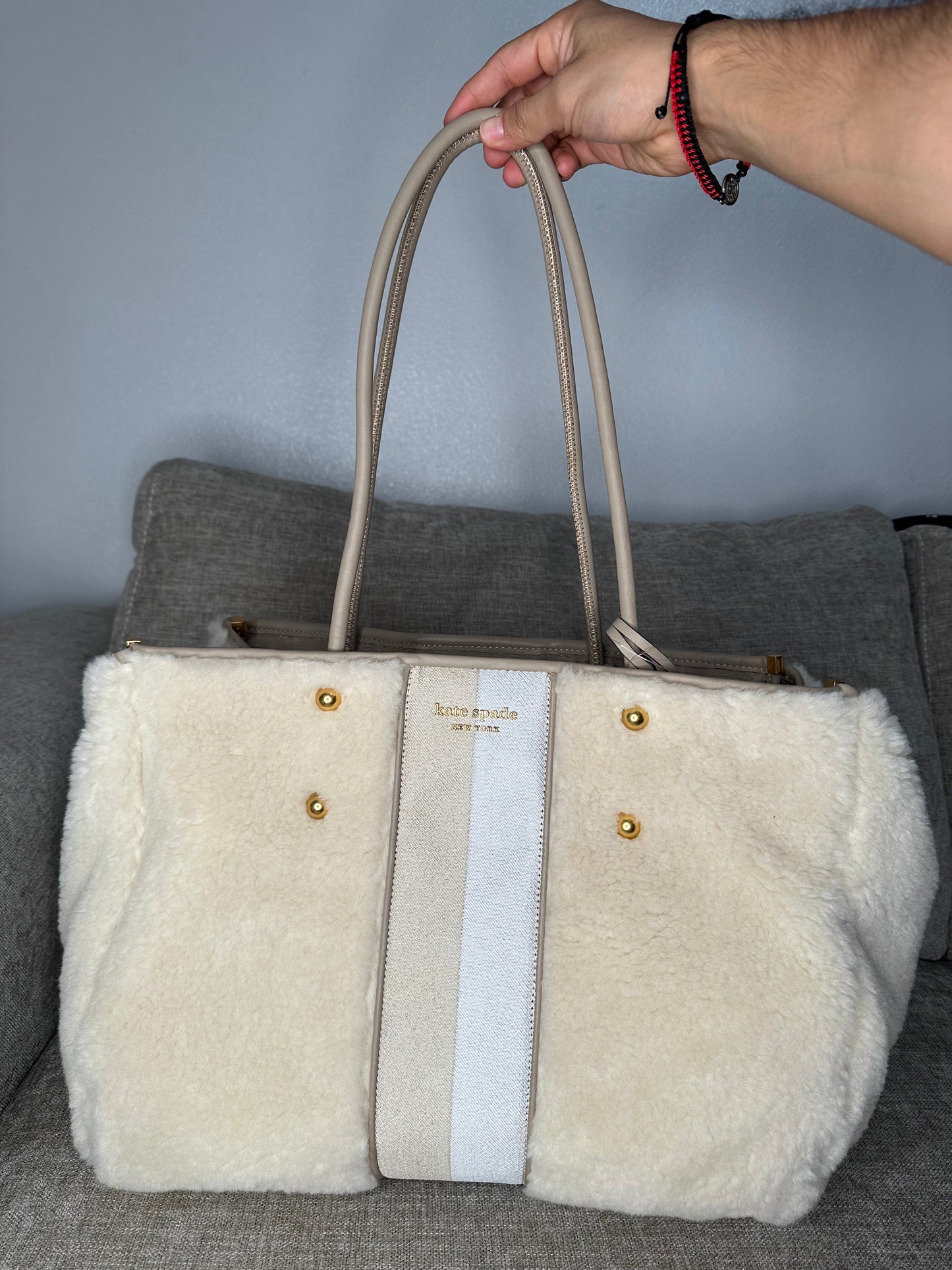 Designer  Everything Racing Stripe Faux Shearling Large Tote - Cream Multi