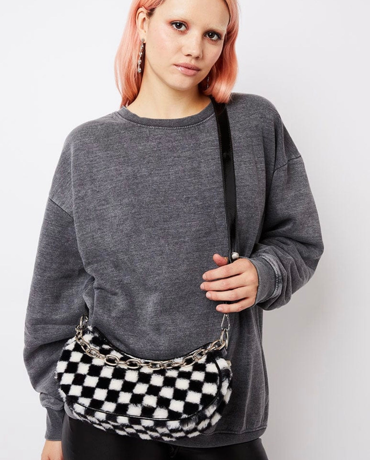 Designer DEVYN CHECKERBOARD FLUFF SHOULDER BAG