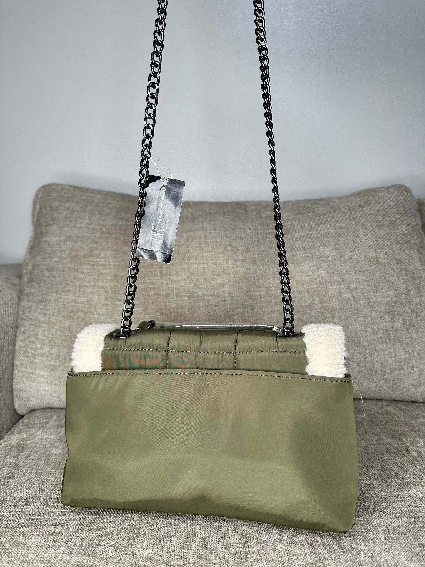 Designer Ajae Quilted Nylon and Sherpa Women's Crossbody Shoulder Bag MOSS GREEN