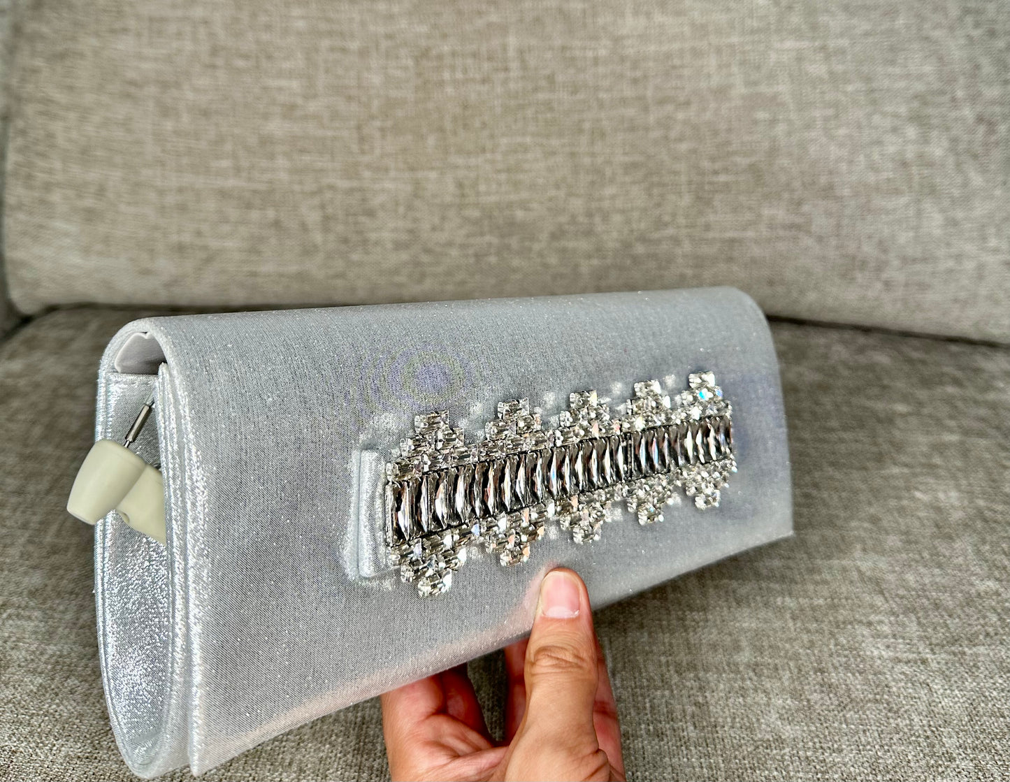 Designer Crystal Ribbon-Handle Clutch Color Silver