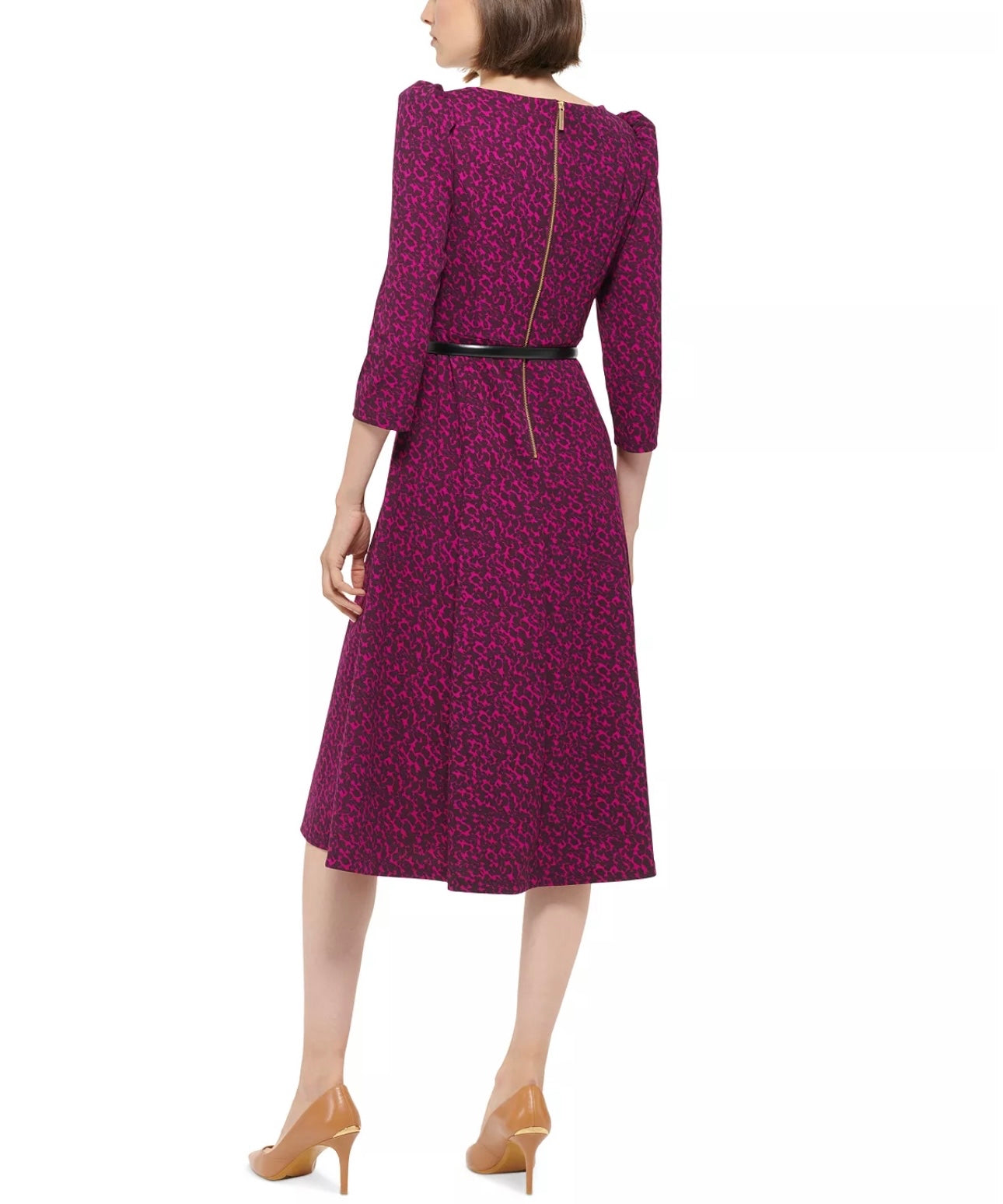 Designer 3/4-Sleeve Belted Midi Dress